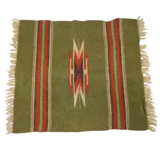 Vintage Handwoven Wool Southwestern Mat Green Red Fringed Small Rug Tapestry 19" - Picture 1 of 3